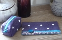 Trousse rectangulaire en toile enduite violet à pois blanc et turquoise