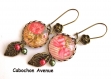 B3.135 bijou femme rose noeud boucles pendants bijou fantaise bronze cabochon verre fleur shabby liberty rayures (série 2)